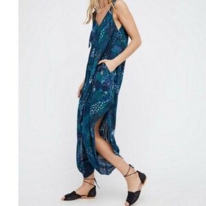 Free People El Porto Tie Shoulder Harem Jumpsuit Blue Green Print XS